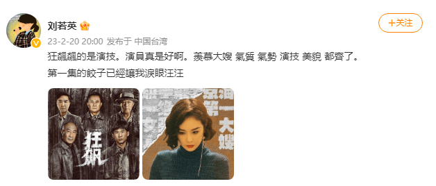 劉若英分享《狂飆》觀后感  羨慕高葉演的大嫂