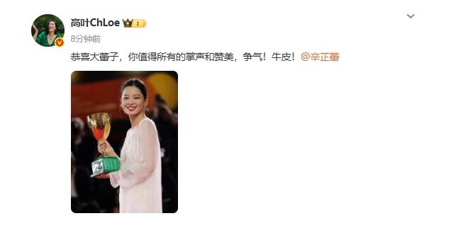 辛芷蕾獲威尼斯電影節(jié)最佳女演員獎(jiǎng) 李冰冰高葉發(fā)文祝賀